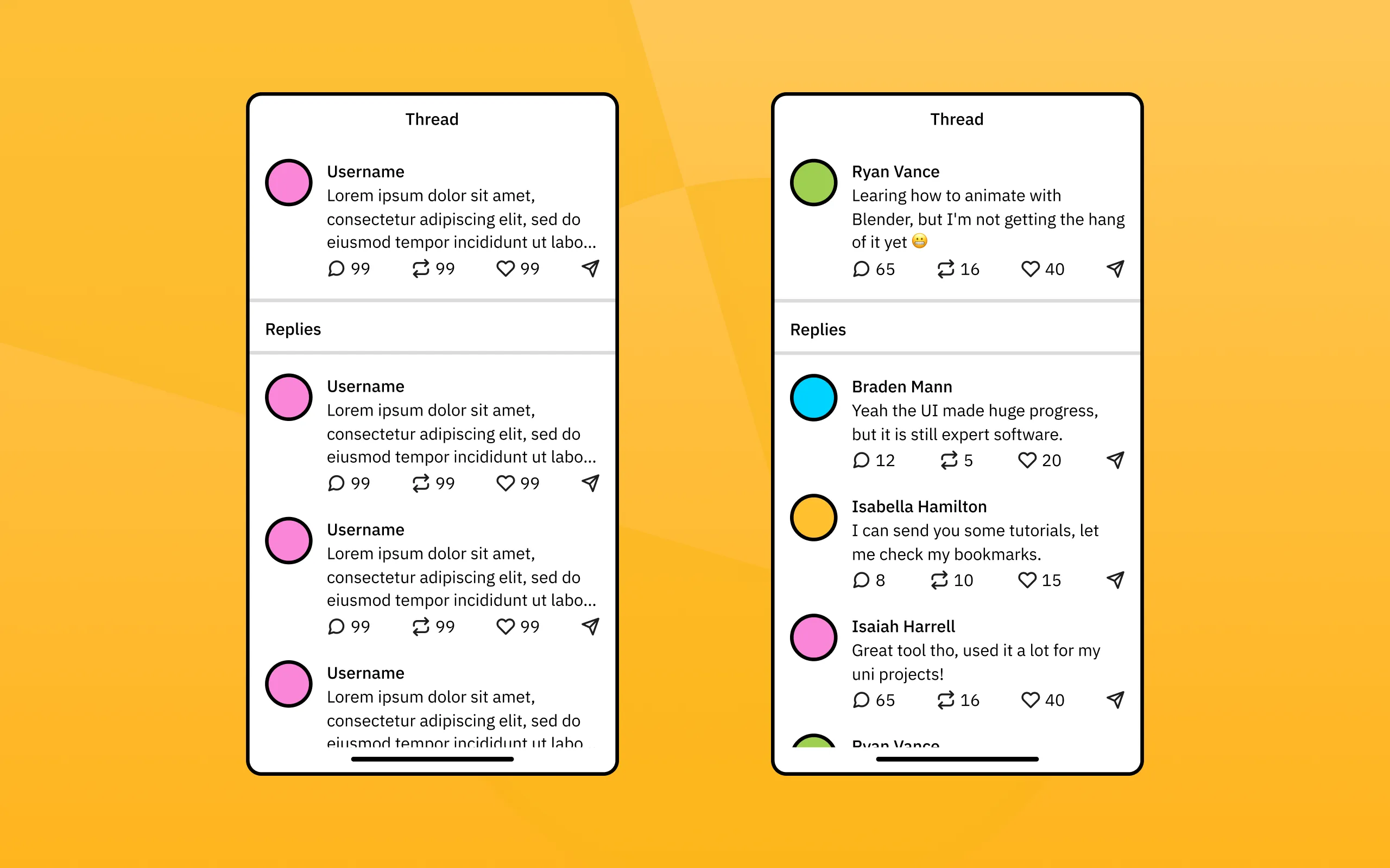 Comparison of designs with placeholder content and realistic content