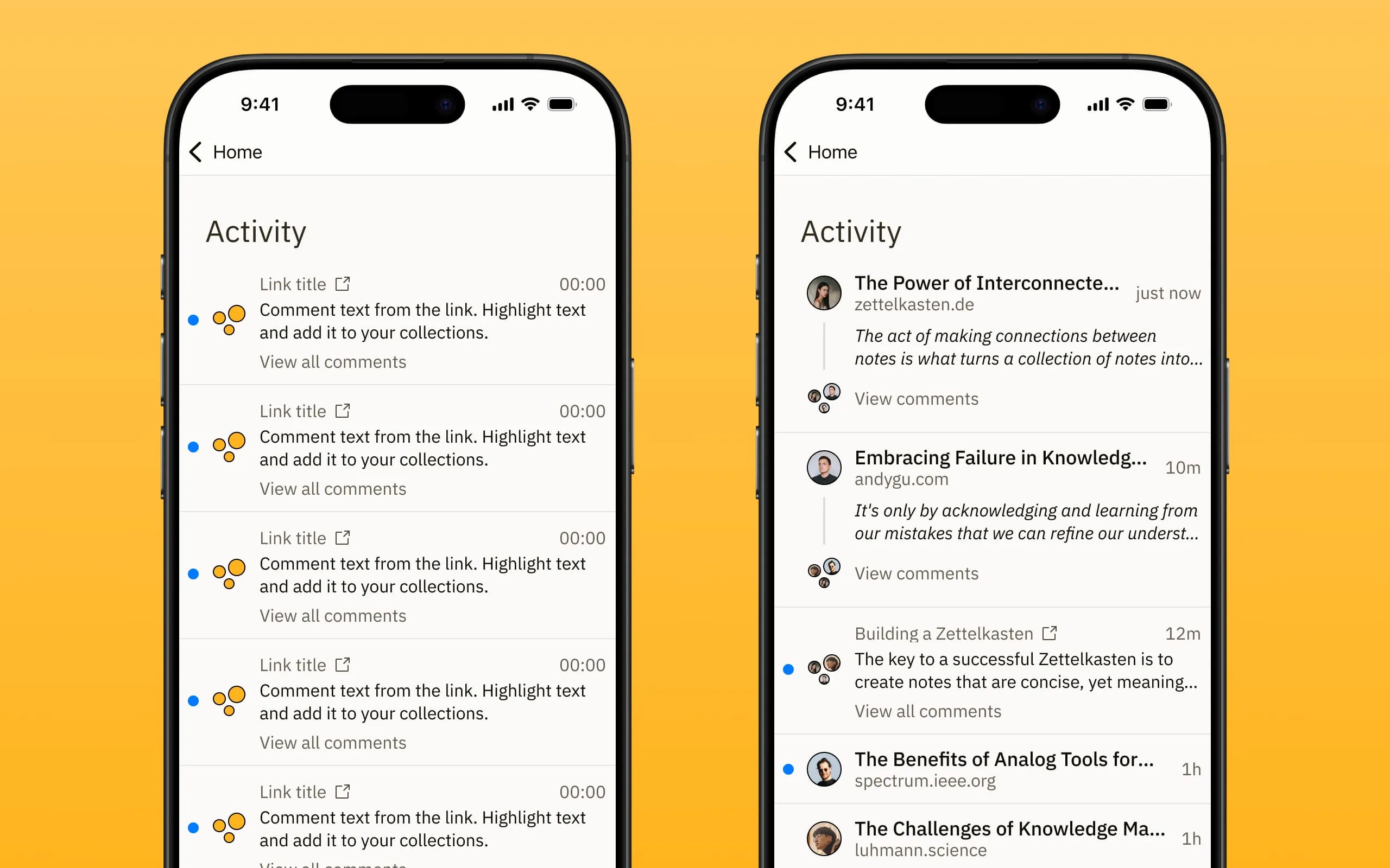 Screenshot showing two mockups, one with default properties, the other with populated content